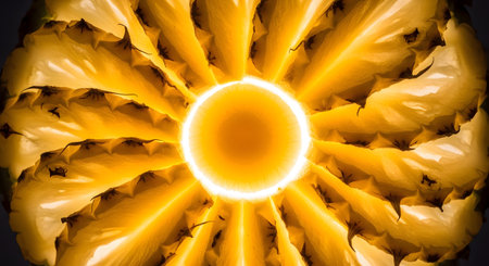 A macro close-up of a pineapple slice is backlit, revealing the intricate fiber texture and glowing yellow color. The radial pattern of the fruit's core creates a striking natural geometric design, emphasizing freshness and organic detail.の素材