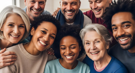 A diverse group of happy people of various ages and ethnicities huddled together in a circle, looking down and smiling brightly. The image represents community, friendship, inclusivity, and togetherness.の素材