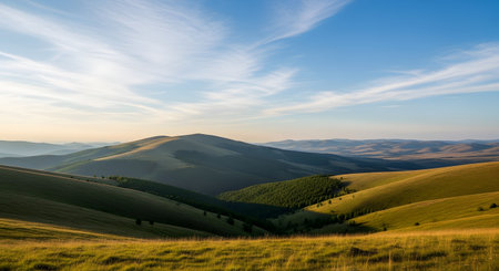 An expansive landscape view of rolling green hills stretching into the distance under a blue sky with wispy clouds. The soft light of golden hour highlights the textures of the grassy slopes and distant valleys.の素材
