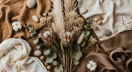 A bohemian-style flat lay composition featuring dried protea flowers, cotton bolls, and eucalyptus leaves arranged on a wooden background. Textured fabrics in beige and brown, along with wooden beads and stones, create a natural, rustic aesthetic.の素材