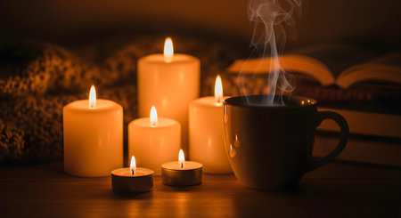 A steaming cup of hot beverage sits amongst glowing white candles, creating a warm and cozy atmosphere. An open book and knitted blanket in the background suggest a relaxing evening of reading and comfort.の素材