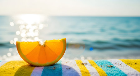 A fresh, juicy slice of orange rests on a colorful striped towel with a sparkling blue ocean in the background. The sunlit scene evokes feelings of summer vacation, relaxation, and tropical refreshment.の素材