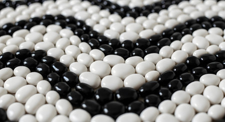 Smooth black and white pebbles are arranged in a meticulous wave or chevron pattern. The contrasting colors and uniform texture create a striking abstract background design suitable for wallpapers or artistic concepts.の素材