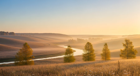 A breathtaking landscape of rolling hills covered in mist during a golden sunrise, with a winding river cutting through the valley. Autumn trees with yellow leaves stand in the foreground, illuminated by soft, warm light.の素材