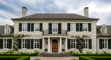A magnificent luxury estate features a symmetrical facade with cream walls, dark green shutters, and a slate roof. The classic architecture is complemented by climbing roses and perfectly manicured hedges, representing high-end residential real estate.の素材