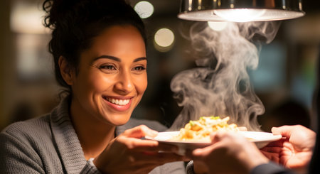 A smiling woman receives a plate of steaming hot pasta from a server in a warmly lit restaurant. Her expression conveys delight and anticipation for the delicious meal.の素材
