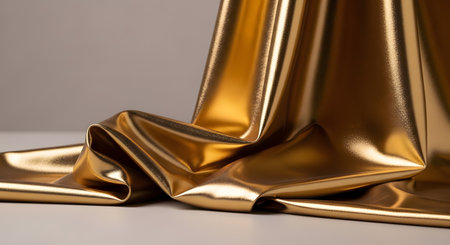 A close-up of luxurious gold satin fabric draped with elegant folds. The smooth, metallic texture reflects light, creating a rich and abstract golden background suitable for fashion or design concepts.の素材