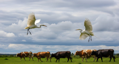 Two white egrets fly gracefully in the foreground with wings spread, while a herd of brown and black cows graze in the green pasture below. The scene captures a harmonious moment in nature under a cloudy sky.の素材
