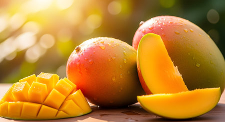 Fresh, sun-drenched mangoes with water droplets on their skin sit on a wooden table outdoors. A sliced mango with a hedgehog cut reveals the juicy yellow flesh, highlighting the fruit's sweetness and summer vibe.の素材