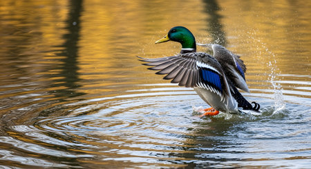 A male Mallard duck flaps its wings dynamically as it lands on a pond, creating splashes of water. The background reflects warm golden autumn colors, highlighting the bird's iridescent green head and blue wing patch.の素材