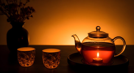 A glass teapot sits on a warmer with a lit candle, glowing with a warm amber light in a dark setting. Two ceramic tea cups with floral patterns are placed nearby, creating a tranquil and zen-like tea ceremony atmosphere.の素材