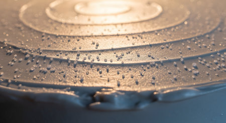A macro close-up of a white textured surface with circular swirl patterns and scattered granules. The surface is illuminated by warm side lighting, highlighting the ridges and tiny crystal-like particles.の素材