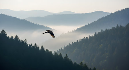 A bird soars through the air against a backdrop of layered mountain ridges covered in pine forest and morning mist. The atmospheric landscape creates a sense of peace, freedom, and the vastness of nature.の素材