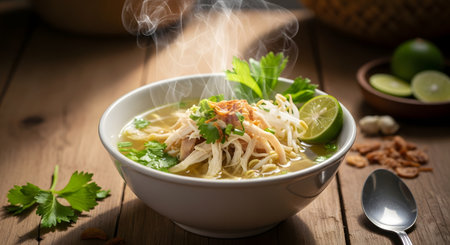 A bowl of Soto Ayam, a traditional Indonesian chicken soup, is served piping hot with steam rising. The dish features shredded chicken, bean sprouts, and vermicelli, garnished with fried shallots and fresh lime.の素材