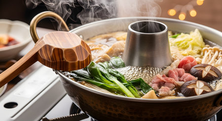 A steaming pot of Shabu-shabu or hot pot bubbles with a rich broth containing beef slices, mushrooms, and vegetables. A wooden ladle rests on the edge of the traditional metal pot, ready for a communal dining experience.の素材