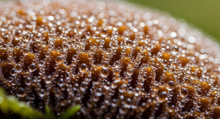 A captivating macro shot showing glistening water droplets clinging to the porous, textured surface of a mushroom cap. The intricate details and warm brown tones create an abstract and organic natural pattern.の素材