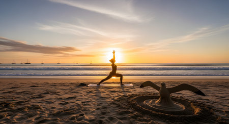 A woman practices a yoga warrior pose on a sandy beach during a golden sunrise. In the foreground, a sand sculpture of a seagull adds a creative touch to the peaceful morning scene by the ocean.の素材