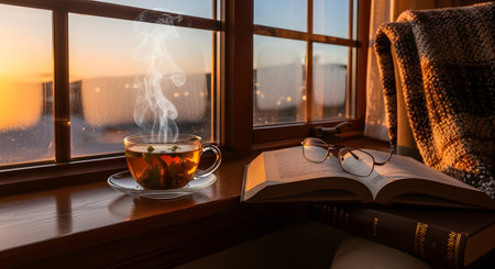 A glass cup of steaming herbal mint tea and an open book with glasses sit on a wooden window sill. The warm sunset light outside creates a cozy and relaxing reading atmosphere.の素材