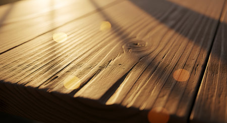 A close-up view of a rustic wooden surface illuminated by warm sunlight, casting long shadows. The texture of the wood grain is highlighted against a blurred background with soft bokeh effects.の素材