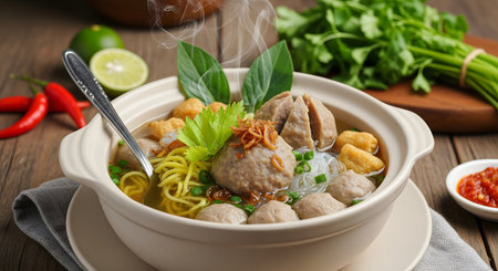 A bowl of Bakso, a traditional Indonesian meatball soup, is served with yellow noodles, vermicelli, and fried shallots. Fresh celery, lime, and spicy chili sauce accompany the savory beef broth dish on a wooden table.の素材