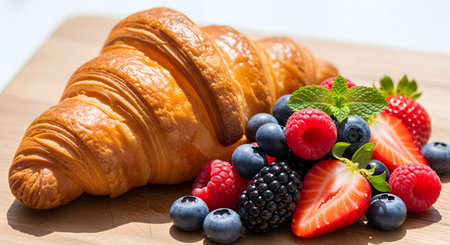 A golden, flaky croissant rests on a wooden board, accompanied by a vibrant pile of fresh strawberries, blueberries, blackberries, and raspberries. The composition is garnished with a sprig of mint, creating an appetizing and healthy breakfast scene.の素材