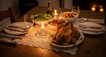 A beautifully roasted whole chicken is the centerpiece of a festive dinner table set with side dishes and wine glasses. The warm glow of candlelight creates a cozy and inviting atmosphere for a holiday meal or gathering.の素材