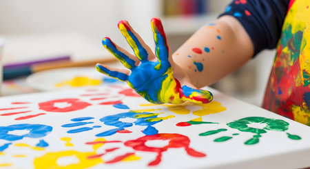 A close-up of a child's hand covered in blue and yellow paint pressing down onto a white canvas. The canvas is filled with colorful handprints, capturing the joy and messiness of creative childhood art play.の素材