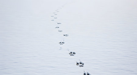A trail of animal paw prints leads away across a field of pristine white snow. The minimalist winter scene evokes a sense of mystery and the quiet presence of wildlife in nature.の素材