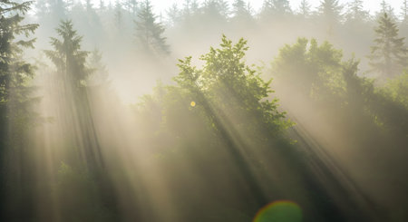 Rays of morning sunlight filter through the tall trees of a misty forest, creating a dramatic and ethereal atmosphere. The light beams cut through the fog, illuminating the green canopy and creating a sense of tranquility.の素材