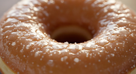 An extreme macro close-up reveals the glistening texture of a glazed donut, highlighting the shiny sugar coating and individual crystals. The golden-brown pastry looks incredibly sweet and appetizing, emphasizing the details of this classic treat.の素材