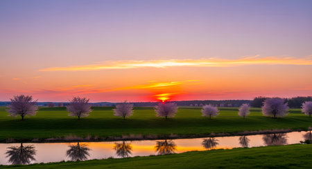 A breathtaking spring landscape features a row of blooming cherry blossom trees lining a calm river at sunset. The vibrant sky displays hues of purple and orange, reflected in the water, creating a serene and picturesque scene.の素材