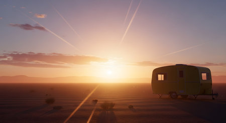 A retro yellow camper trailer is parked in a vast, empty desert landscape under a stunning sunset sky. The sun creates a starburst effect, highlighting the solitude and adventure of a road trip.の素材