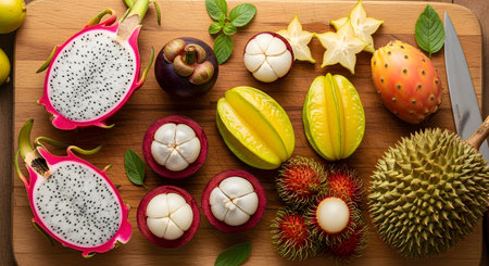 A vibrant flat-lay display of exotic tropical fruits, including dragon fruit, mangosteen, starfruit, and rambutan, cut open on a wooden cutting board. The assortment showcases fresh, juicy textures and colorful interiors.の素材