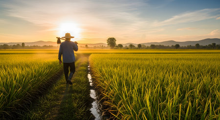A farmer carrying a hoe walks along a path through a golden rice field during a beautiful sunset. The scene depicts rural agricultural life with mountains in the distance and a warm, glowing sky.の素材