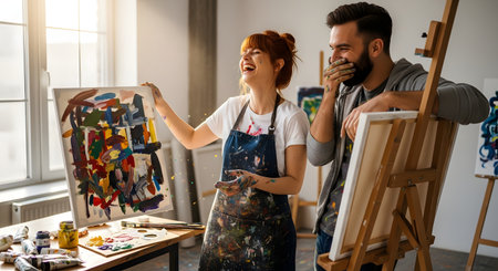 A happy young couple laughs together while painting in a bright, sunlit art studio. The woman holds up her colorful abstract canvas, sharing a fun and creative moment with her partner who is leaning on an easel.の素材