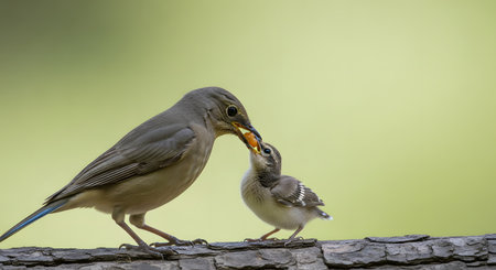An adult bird perches on a tree branch, carefully feeding a small morsel to its hungry chick. The tender wildlife moment is captured against a soft, blurred green background, highlighting the nurturing behavior.の素材