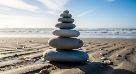 A tower of smooth, balanced stones stands on a sandy beach with gentle ocean waves in the background. The composition symbolizes peace, stability, and mindfulness, set against a bright and sunny coastal landscape.の素材