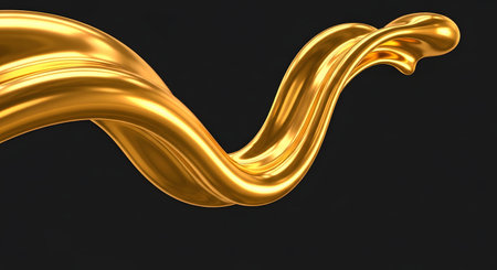 A stunning 3D rendering of liquid gold flowing in smooth, dynamic curves against a stark black background. The glossy, metallic surface reflects light, creating an image of luxury, elegance, and fluidity.の素材