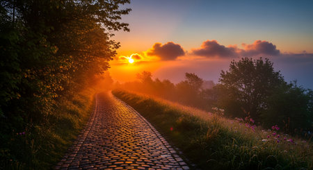 A cobblestone path winds through a misty landscape towards a glowing orange sunrise. Trees and wildflowers frame the road, creating a peaceful and scenic journey into the light.の素材
