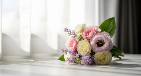 A delicate bouquet of pastel pink and white roses, lisianthus, and lilac flowers resting on a white windowsill. Sunlight streams through sheer curtains, creating soft shadows and a romantic, peaceful morning atmosphere.の素材