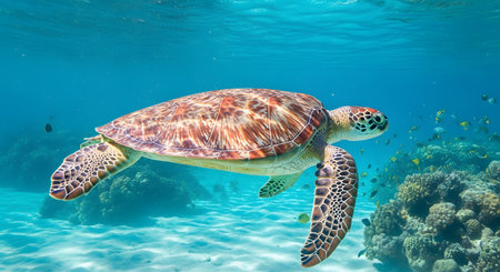 A majestic green sea turtle glides through crystal clear blue water over a sandy ocean floor. The vibrant underwater scene captures the grace of marine life amidst coral reefs and sunlight.の素材