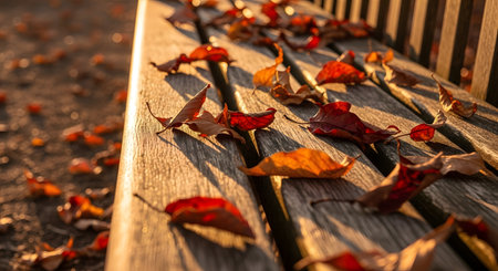 Dry, red and brown autumn leaves are scattered across a wooden park bench, illuminated by the warm, golden light of the setting sun. The close-up shot captures the texture of the wood and leaves, creating a nostalgic and peaceful fall mood.の素材