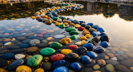 A winding path made of colorful stones and pebbles curves through shallow, calm water. The sunset light reflects on the water's surface, highlighting the vibrant colors of the rocks and creating a zen-like, peaceful composition.の素材