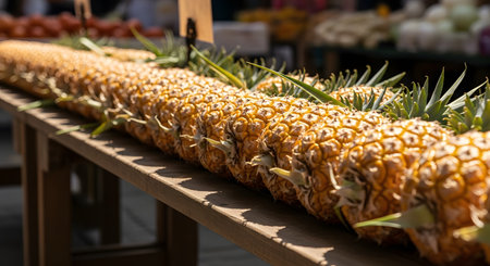 A long row of fresh, ripe pineapples is neatly aligned on a wooden table at an outdoor market. The focus is on the textured, golden skins and spiky green crowns, showcasing a bountiful tropical harvest.の素材