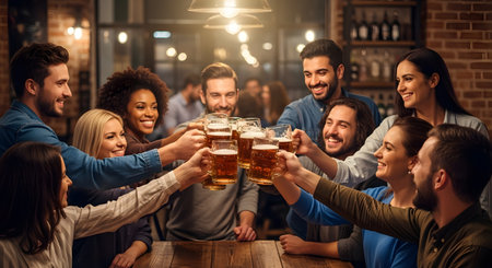 A diverse group of happy friends toasts with large glass mugs of beer in a warmly lit pub. The scene captures the joy of celebration, nightlife, and social bonding over drinks.の素材
