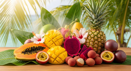 A vibrant assortment of fresh tropical fruits, including papaya, mango, pineapple, and dragon fruit, is arranged on a wooden table. The scene is set against a sunny beach background with palm leaves, evoking a tropical paradise atmosphere.の素材