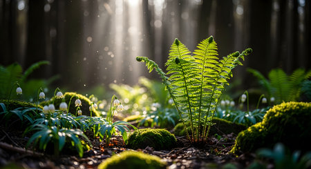A low-angle view of a lush green fern and delicate snowdrop flowers (Leucojum) on a forest floor bathed in magical sunlight. Dust motes dance in the light rays, highlighting the vibrant green moss and creating an enchanted spring atmosphere.の素材