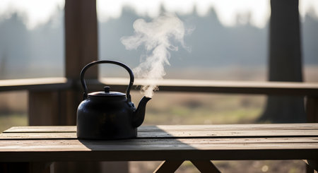 A rustic black kettle with steam rising from its spout sits on a wooden picnic table outdoors. The blurred background suggests a forest or park setting in the early morning, evoking a sense of camping and warmth.の素材