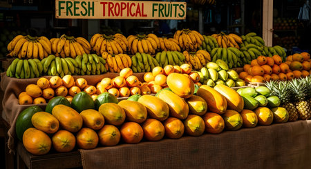 A vibrant display of fresh tropical fruits at a market stall, including stacks of bananas, papayas, mangoes, and pineapples. A sign reads 'Fresh Tropical Fruits', highlighting the variety and abundance of the produce.の素材