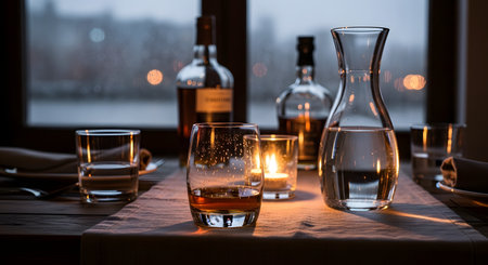 A glass of amber whiskey sits on a table set for dinner, with a bottle and decanter in the background. Outside the window, a rainy evening with city lights creates a cozy, moody, and sophisticated atmosphere.の素材